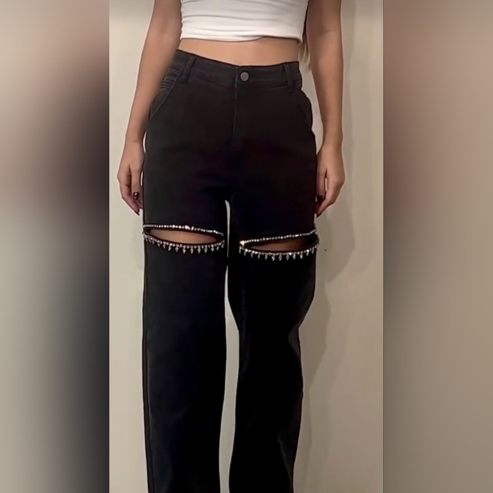 #59585 🛑S, L FABULOUS Cut Out Front Rhinestone Washed Denim Jeans - Picture 3 of 16